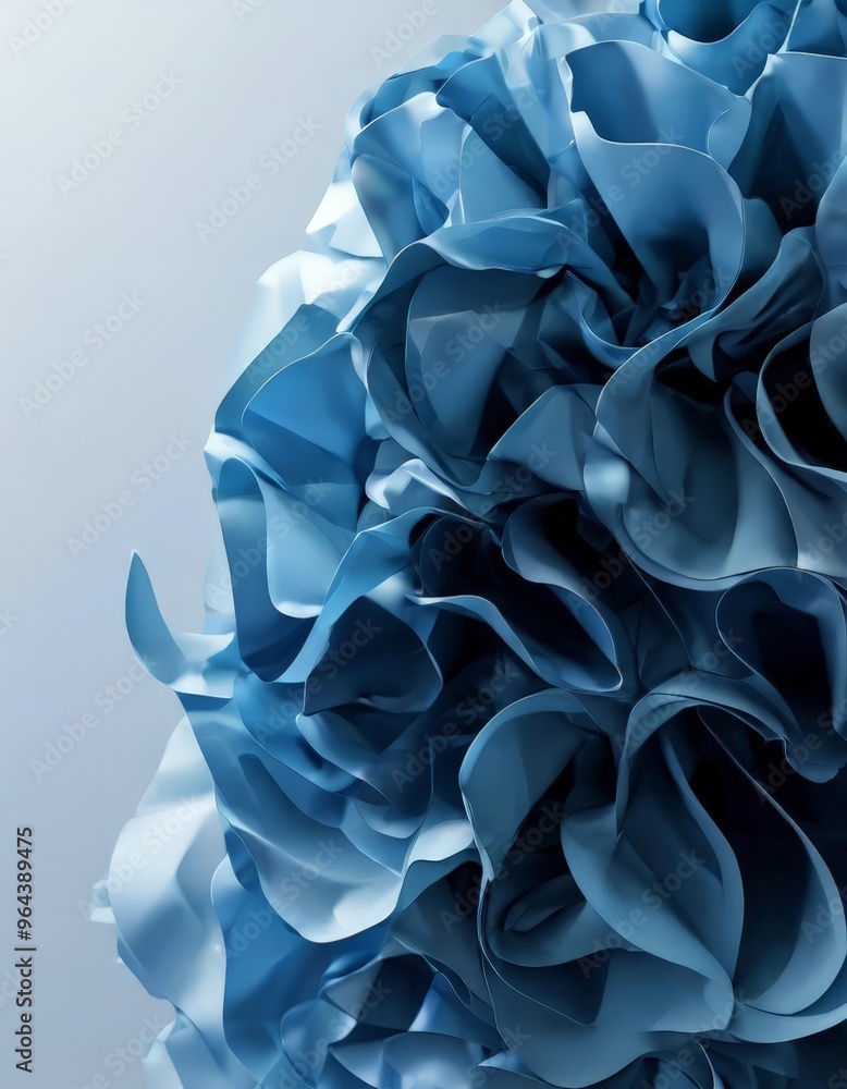 Poster a close-up view of a blue, ruffled fabric or material, with a gradient background transitioning from
