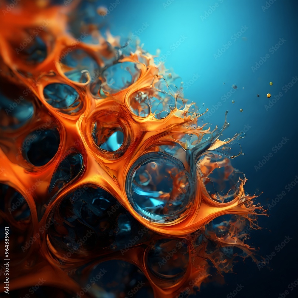 Poster close-up view of a complex, abstract structure composed of numerous orange and blue spheres, creatin
