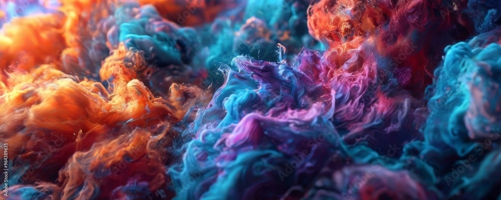 Poster a close-up of a vibrant, abstract pattern of swirling, multicolored particles, with hues of orange, 