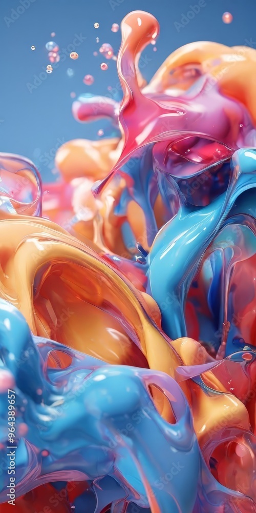 Poster vibrant abstract composition of overlapping and splashing paint in a variety of colors, including bl