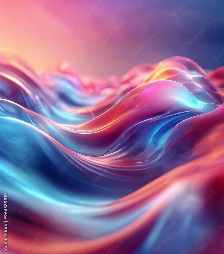 Poster vibrant abstract composition of fluid, wave-like shapes in a gradient of pink, blue, and orange, cre