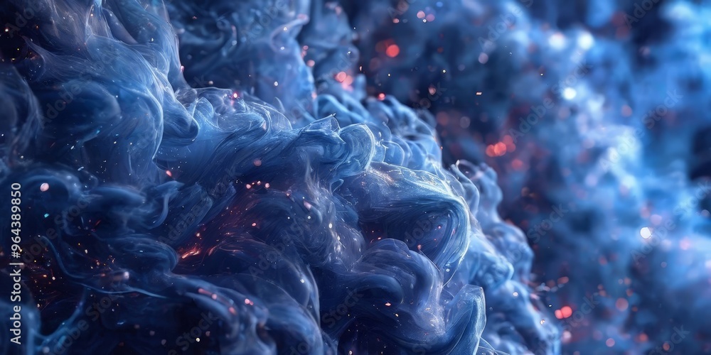 Poster a close-up of a swirling, ethereal blue substance with small particles of red and orange scattered t