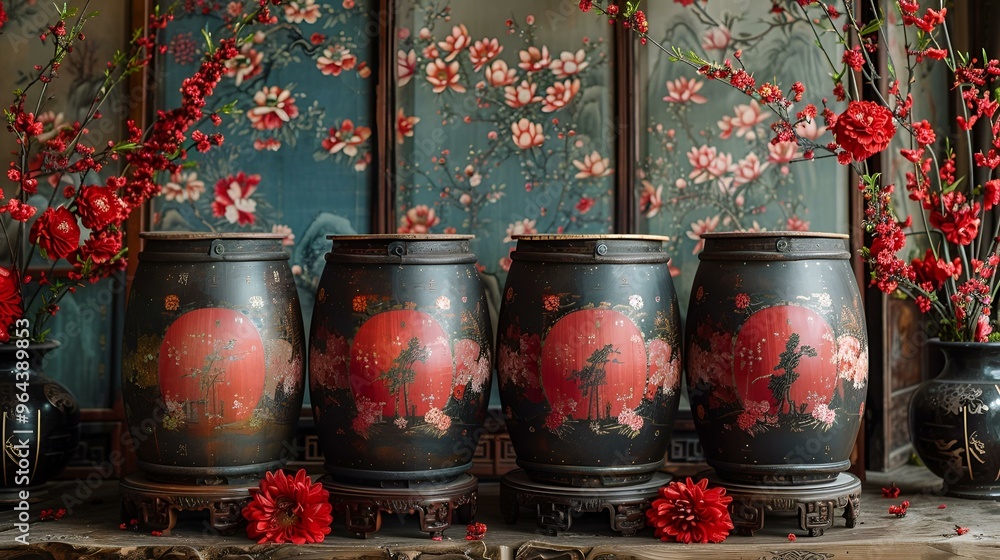 Sticker a group of black vases with red flowers. 