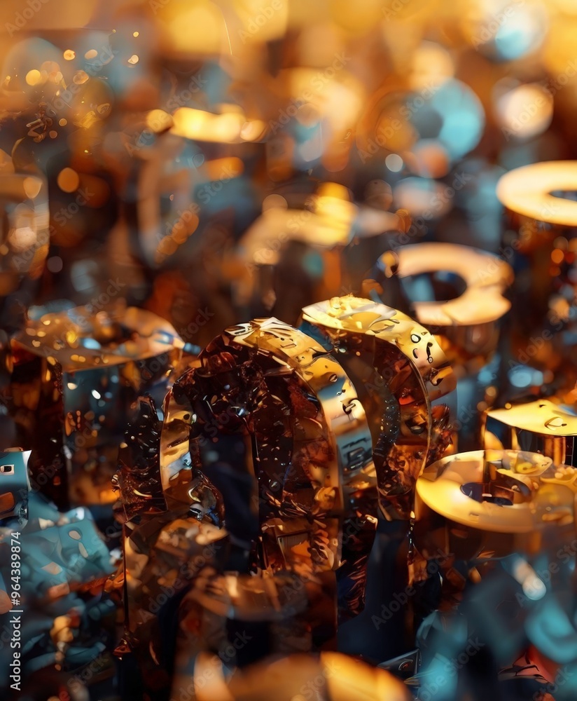 Poster a digital illustration featuring a close-up view of metallic objects with a golden hue, creating a s