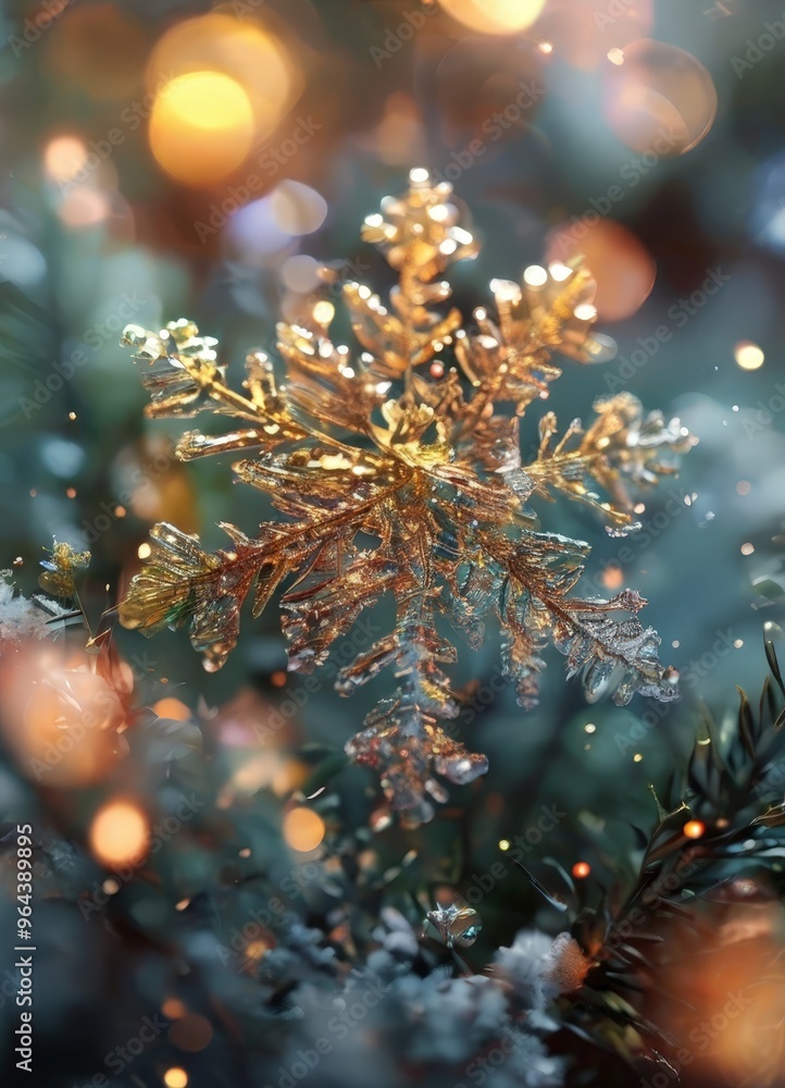 Poster a close-up of a delicate snowflake with intricate patterns, illuminated by a warm, golden glow again