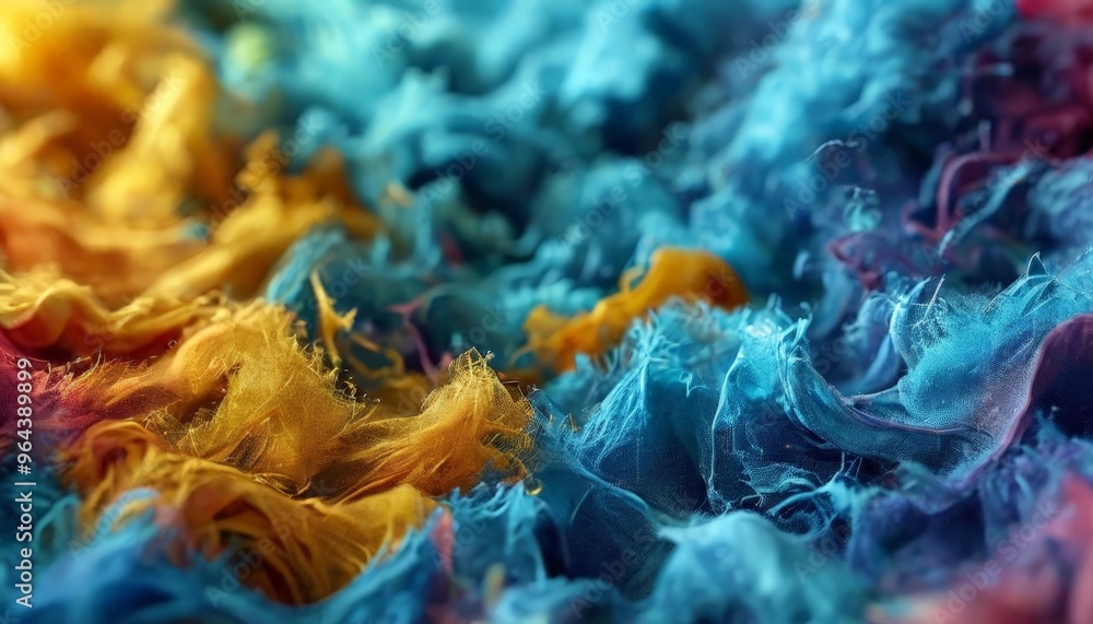 Poster a close-up view of a textured fabric with a vibrant mix of blue, orange, and pink hues, creating a v