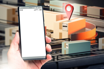 Phone template near conveyor. Smartphone in man hand. Conveyor with boxes. Phone number to track delivery. Smartphone in hand of courier. Cellphone with white screen. Place for logistics application