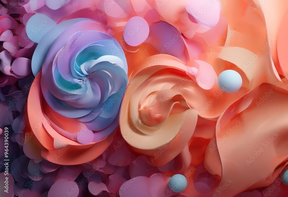 Poster vibrant abstract composition of overlapping and interlocking shapes in shades of pink, orange, and b