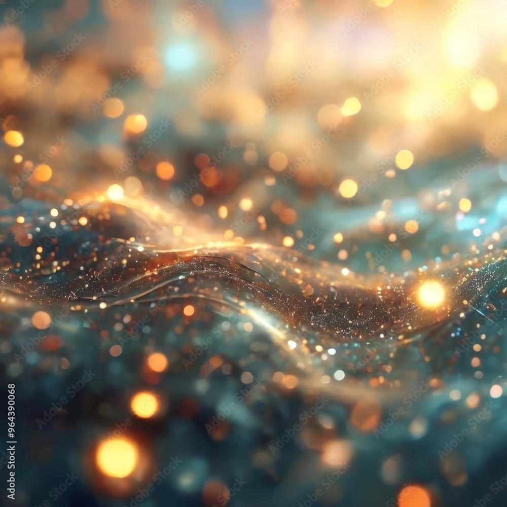 Poster a digital art piece featuring a blurred, abstract background with a wave-like pattern and a scatteri