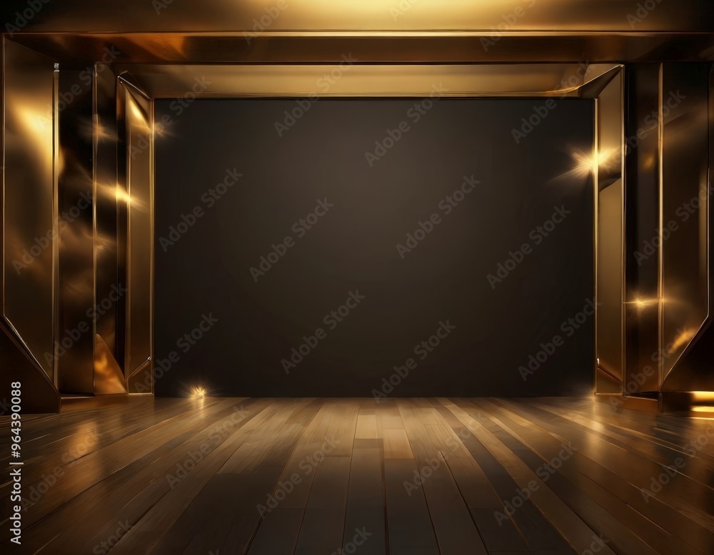 Poster a dark, empty room with a wooden floor and a gold-colored frame on either side, creating a sense of 