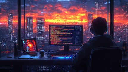 Fototapeta premium Programmer Looking at City Skyline