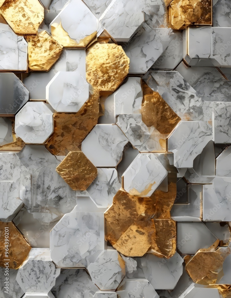 Poster a close-up view of a marble surface with gold leaf accents. the marble is composed of irregularly sh