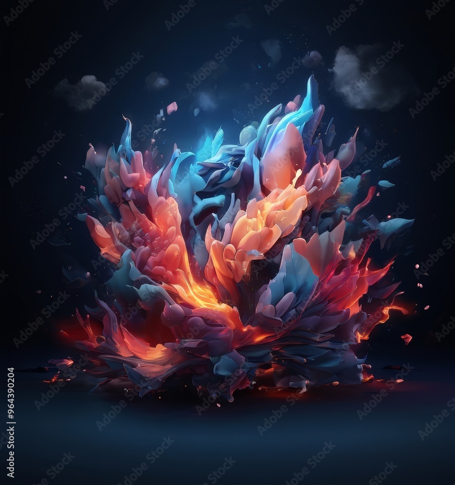 Poster a vibrant, abstract digital artwork featuring a dynamic explosion of multicolored, fluid shapes and 