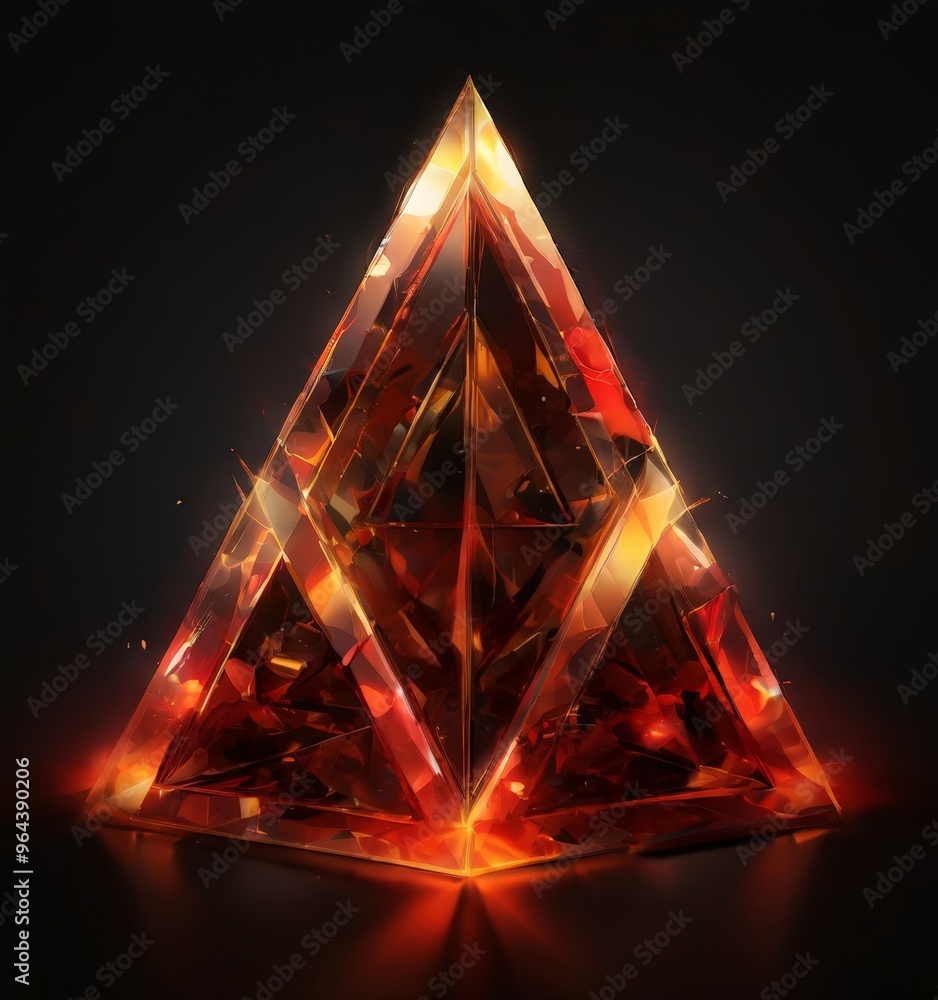 Poster digital artwork of a triangular prismatic structure composed of small, irregularly shaped red and or