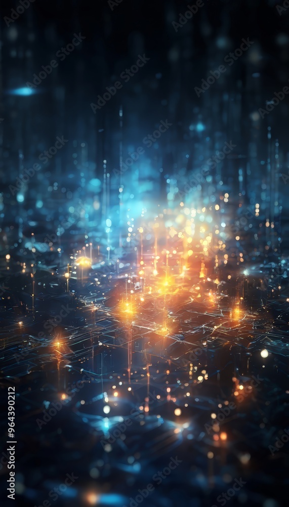 Poster digital art piece featuring a cityscape with a network of glowing lights and a network of glowing li