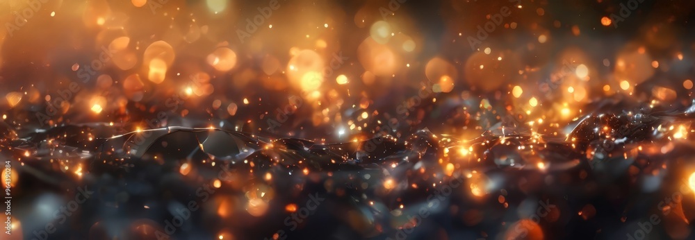 Poster a dynamic scene of a dark, textured surface with a multitude of small, glowing lights scattered acro