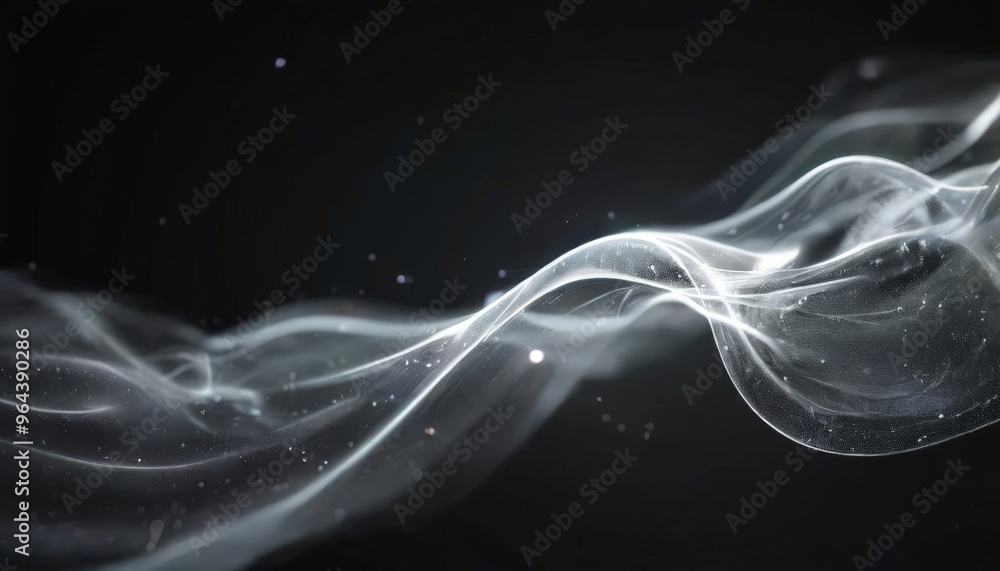 Poster a swirling, ethereal pattern of white smoke or vapor against a dark background, creating a sense of 