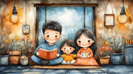 Fototapeta premium Watercolor Illustration of a Family Reading Together.