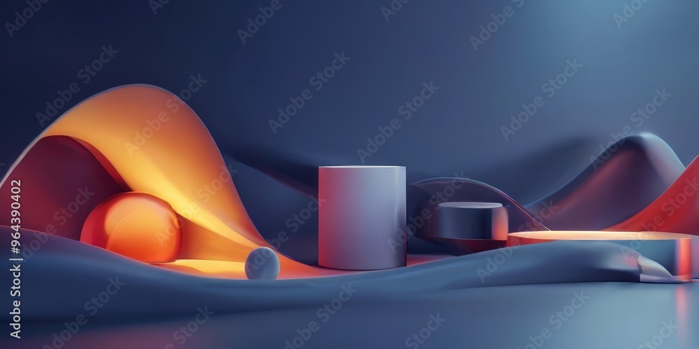 Poster abstract geometric shapes and forms, including a cylinder, spheres, and a wave-like structure, set a