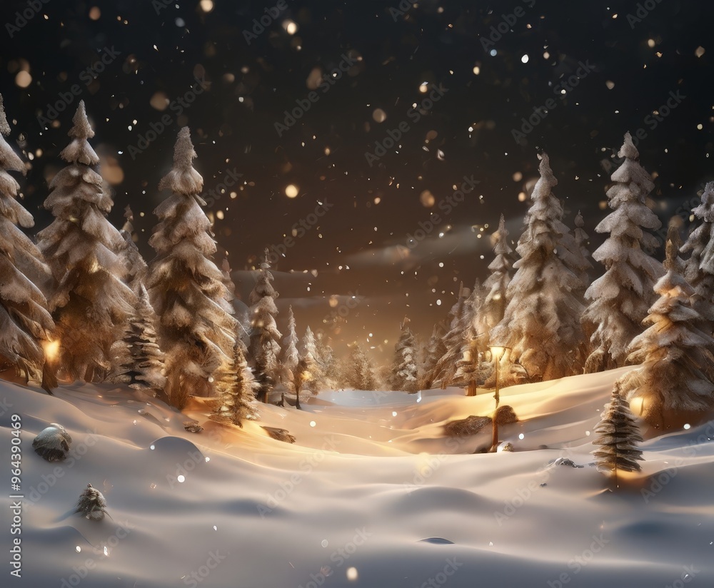 Poster a serene winter landscape features a snowy forest with snow-covered trees, illuminated by warm light