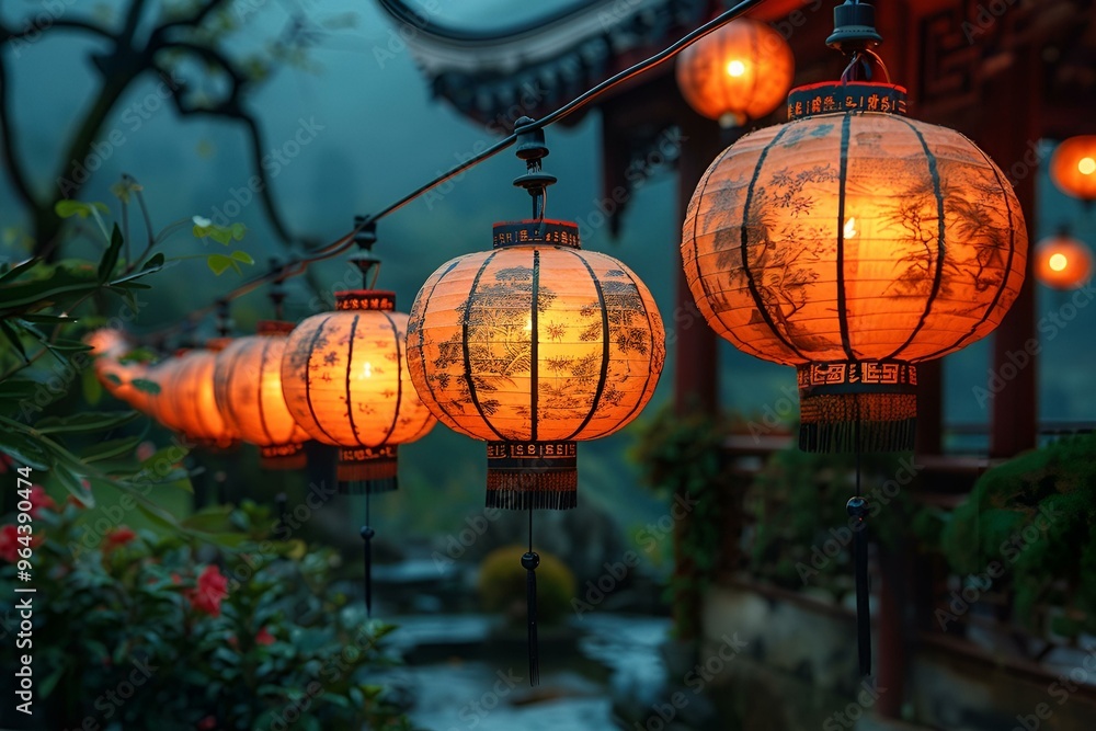 Poster a row of lanterns in a row.