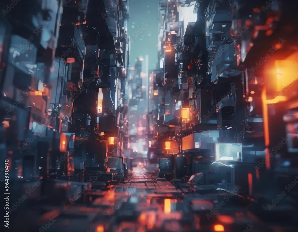 Poster a futuristic cityscape with towering structures, glowing windows, and a network of roads and bridges