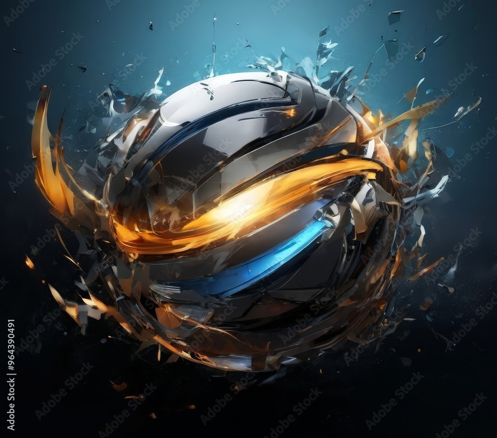 Poster a futuristic, metallic sphere with a glowing blue and orange eye, surrounded by a swirling pattern o
