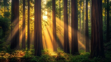 Naklejka premium Misty morning sunlight filters through towering pine trees in a sun-dappled autumn woodland