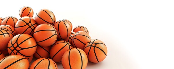 Obraz premium A pile of basketballs arranged on a white background, leaving plenty of copy space. Perfect for sports, fitness, or basketball themed designs.