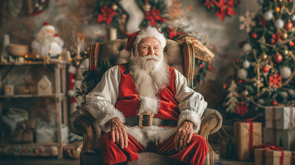 Fototapeta premium Santa Claus sitting in chair and looking at camera with beautiful decorated for christmas