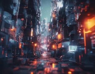 Fototapeta premium a futuristic cityscape with towering structures, glowing windows, and a network of roads and bridges, creating a sense of depth and perspective.