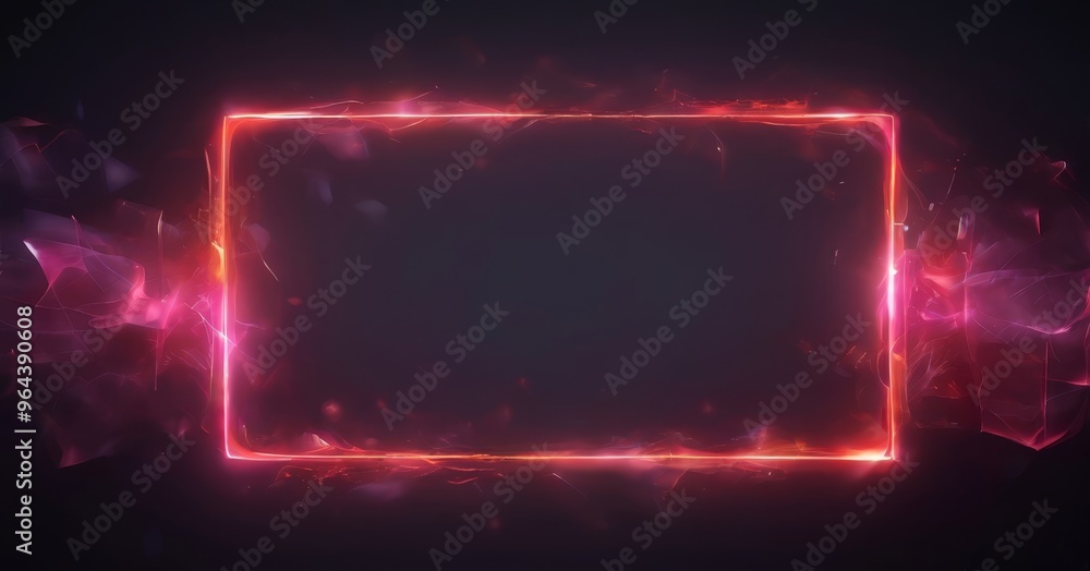 Poster a rectangular neon frame with a dark background and glowing red and pink lights.