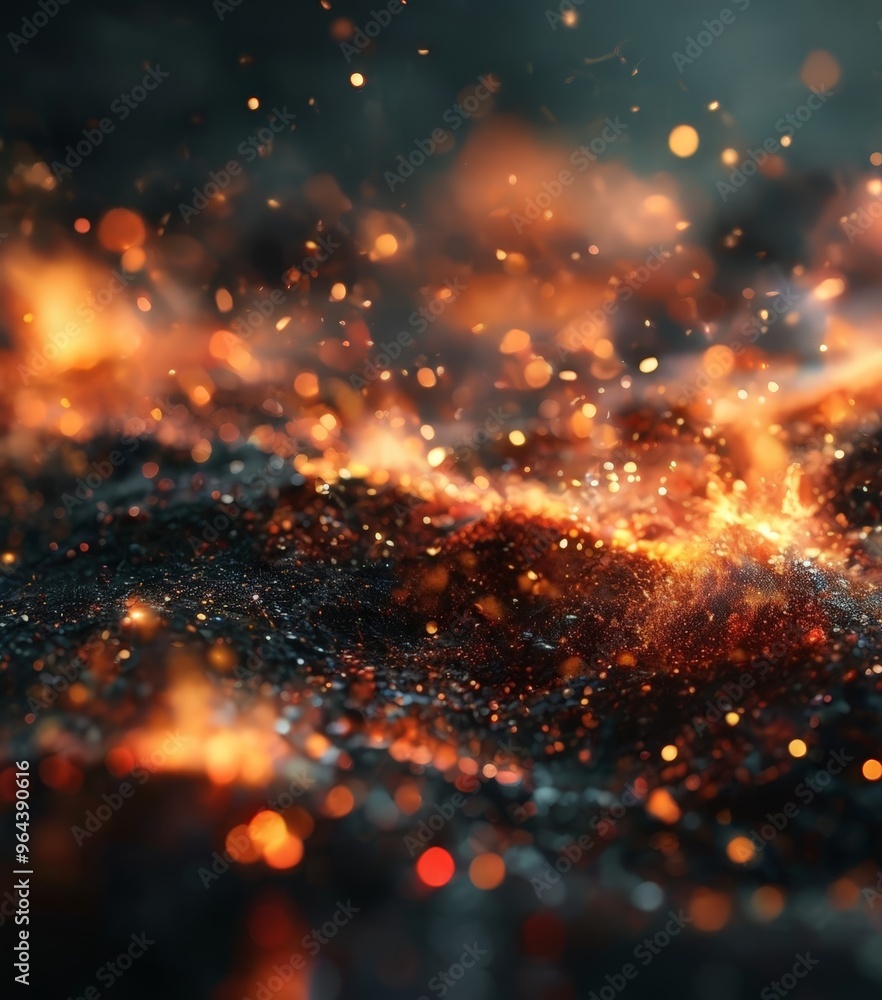 Poster a dynamic scene of a fire, with flames and sparks radiating outwards, creating a sense of movement a