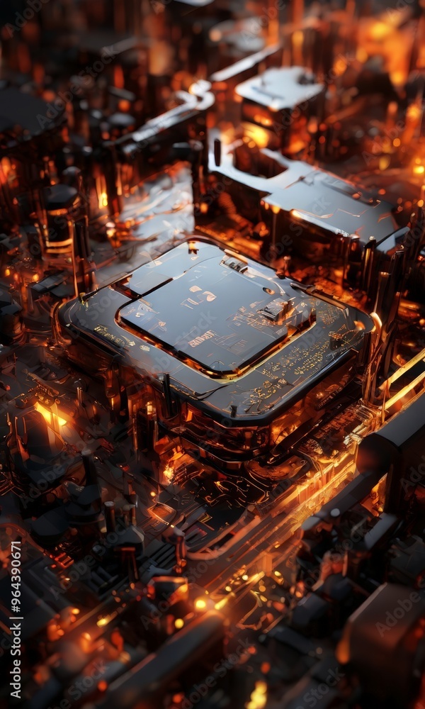 Poster a close-up view of a complex circuit board, showcasing intricate electronic components and glowing w