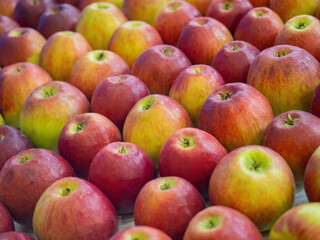 Ripe apples close-up. Appetizing fruits on store window. Farm apples top view. Organic fruits for healthy cooking. Red-yellow apples for dietary nutrition. Background, backdrop, wallpaper
