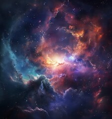 a vibrant cosmic scene, featuring a swirling nebula with a mix of orange, blue, and purple hues, as well as a bright sun at the center.