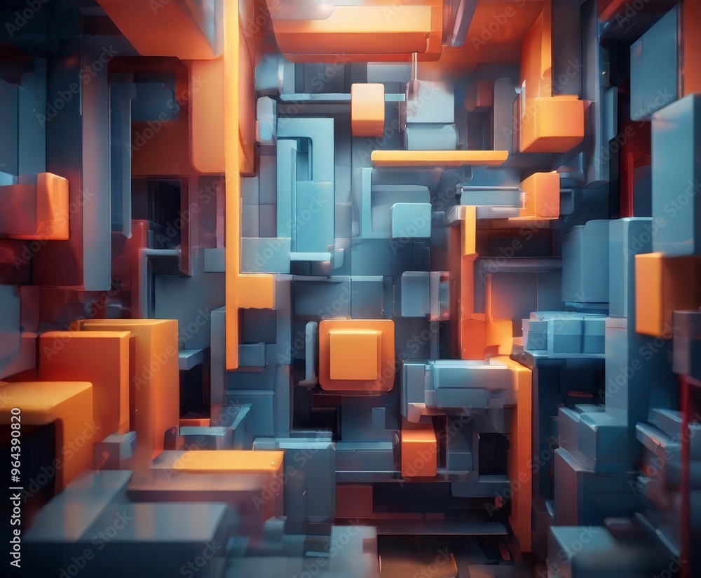 Poster a digital of a complex 3d geometric structure composed of various shades of orange, blue, and gray c