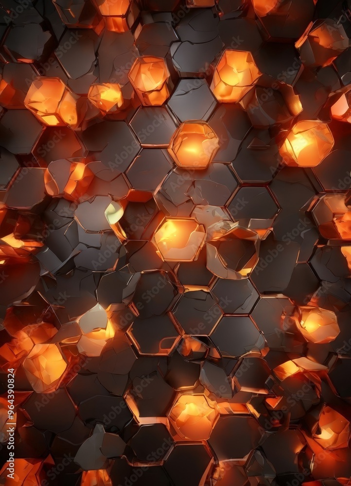 Poster pattern of hexagonal shapes, predominantly in shades of orange and black, arranged in a seemingly ra
