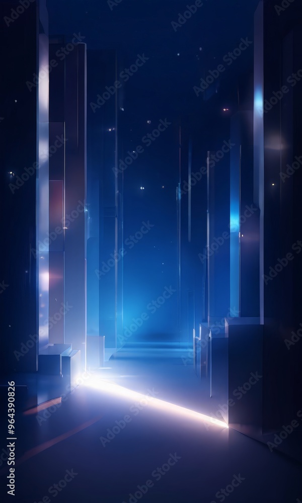 Poster a futuristic cityscape with towering structures illuminated by a bright light at the end of a long c