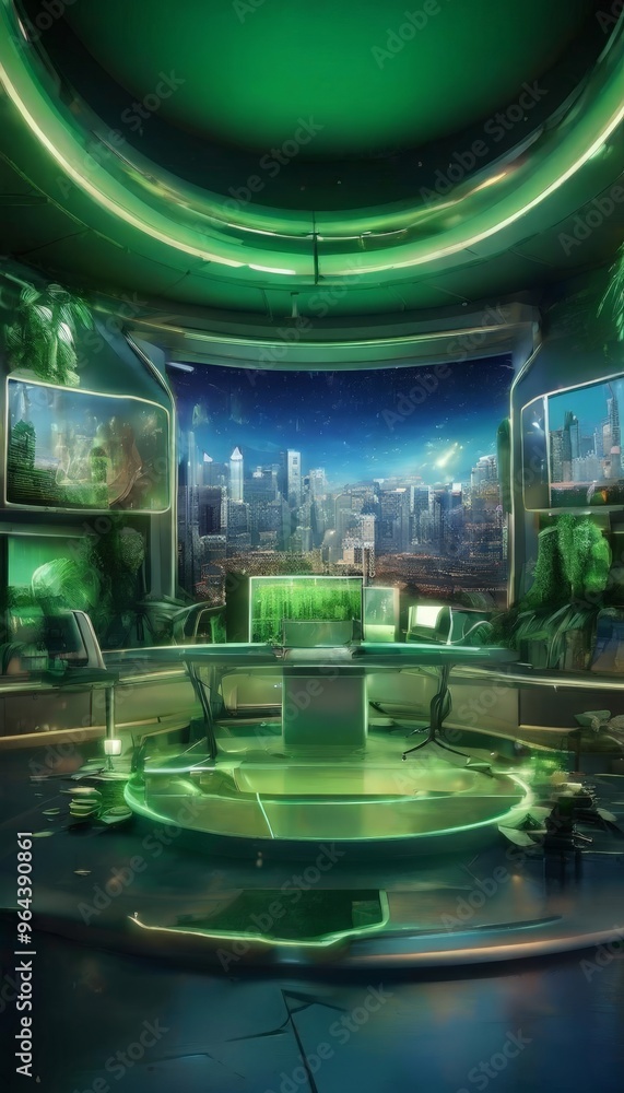 Poster a futuristic, high-tech room with a large circular table at the center, surrounded by multiple compu