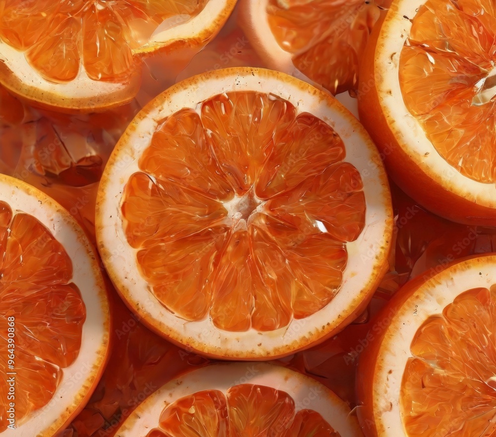 Poster a close-up image of several orange slices, with the focus on the central slice.
