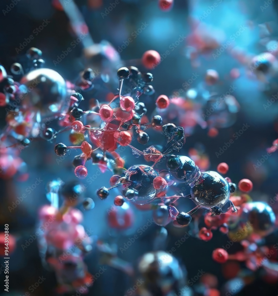 Poster a close-up view of a molecular structure, with a variety of spheres and lines representing atoms and