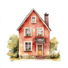 Rustic Scandinavian Townhouse Watercolor Painting - Isolated on White Background