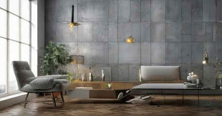 A modern living room with a gray sofa, armchair, and coffee table, complemented by a large window, a potted plant, and a wooden sideboard.