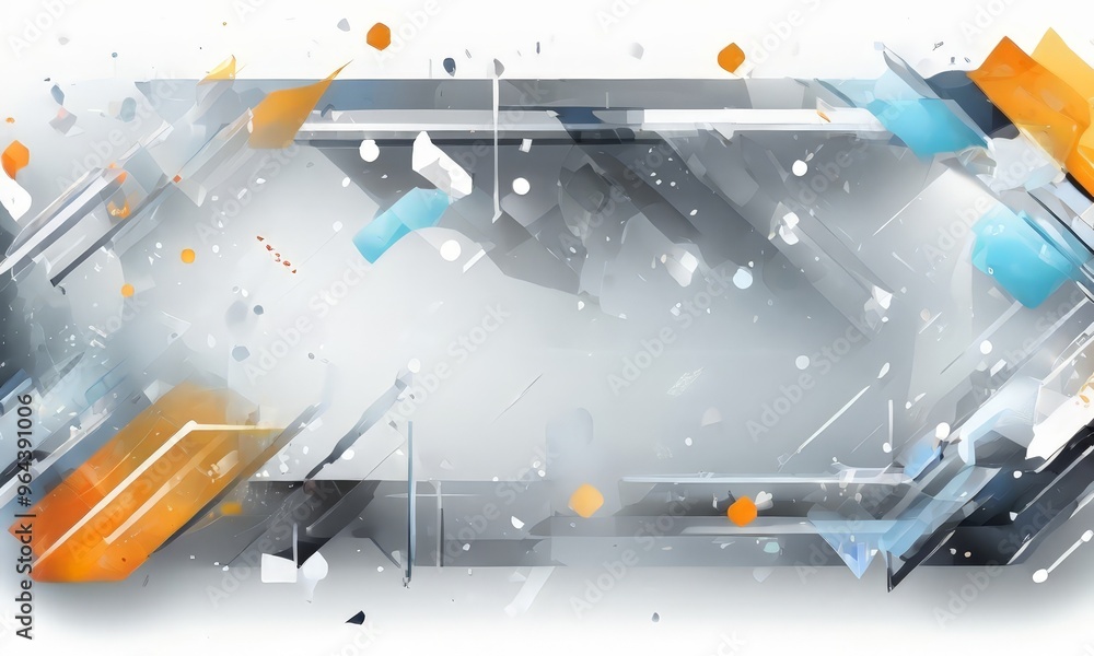 Poster digital art piece with a geometric design, predominantly in shades of gray, white, and orange. the b