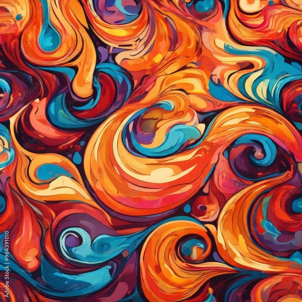Poster a vibrant abstract pattern featuring swirling, multicolored shapes and lines, creating a dynamic and