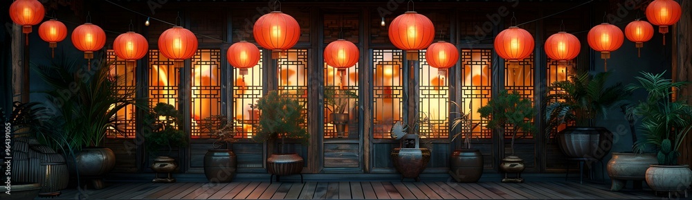 Poster a row of red lanterns.