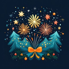 Illustration of Christmas trees, fireworks, and decorative stars on a dark background, symbolizing holiday celebration and festivity.