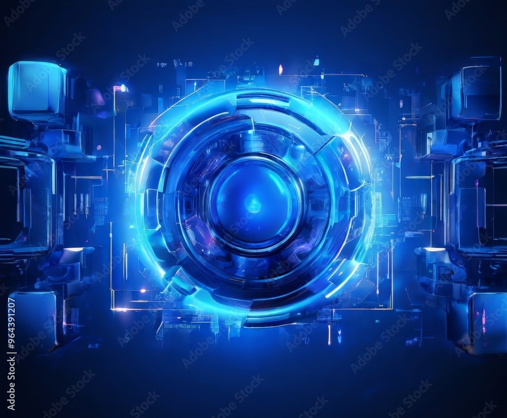 Poster futuristic, technological scene with a circular, glowing object at its center, surrounded by a compl