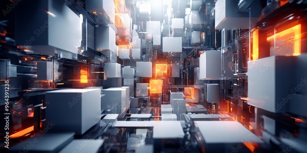 Poster complex, futuristic environment, characterized by a multitude of white cubes arranged in a grid-like